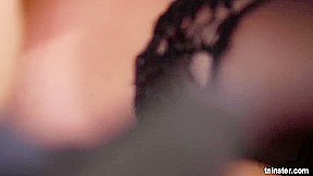 After a sex adventure, a naughty babe is kneeling and waiting to get sticky cum