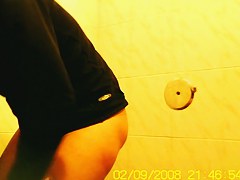 Amateur flashed bushy pussy while pissing on toilet
