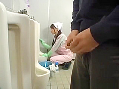 Asian bathroom attendant is in the mens part4