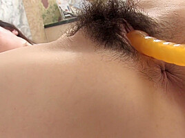 Big Hairy Girl Gets Fucked In Both Holes After Clit Dildo Rub - AsianX