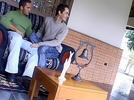 Bisexual Duo Share A Redhead On Patio Sofa