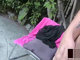 Black athletic femboy in outdoor masturbation