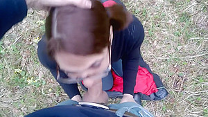 Blowjob in the forest: planted on the cock and cumshot in mouth