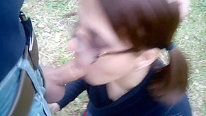 Blowjob in the forest: planted on the cock and cumshot in mouth