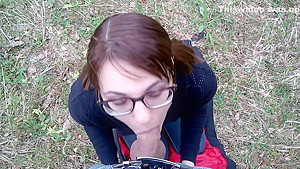 Blowjob in the forest: planted on the cock and cumshot in mouth