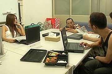 Busty Japanese babe gets some group sex action