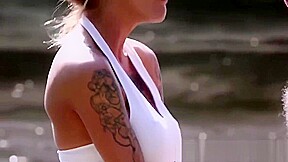 Busty femdom tugging guy outdoors for spunk