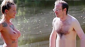 Busty femdom tugging guy outdoors for spunk