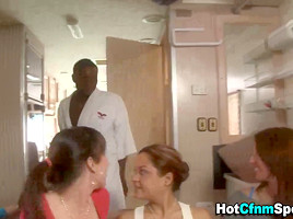 Clothed babe gets tits cumshot
