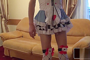 Femboy plays with her cock in alice costume