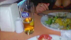Footjob and titsflash in public restaurent