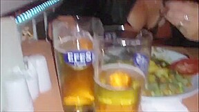 Footjob and titsflash in public restaurent