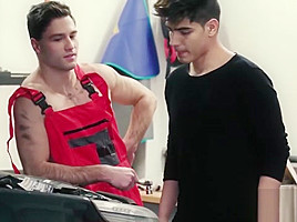 Gorgeous young dude barebacked by handsome car mechanic
