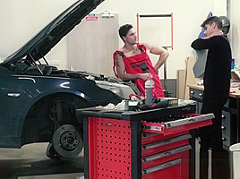 Gorgeous young dude barebacked by handsome car mechanic