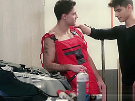 Gorgeous young dude barebacked by handsome car mechanic