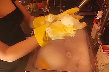 Handjob Dildo In Rubber Gloves