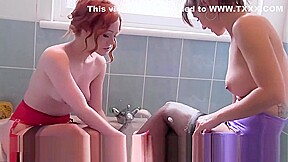 Lesbian babes soap tits and ass get wet stockings fingering pussy in bath