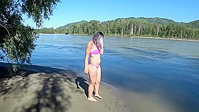 Lesbians outdoors  Girlfriend by the river fuck doggystyle 