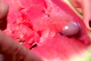 Lovely shemale pounds a watermelon so hard that she cumshots