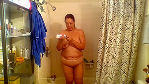 Mature Latina woman showering, thank you for keeping me company