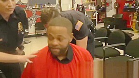 Milf cops barge into barbershop and make criminal screw them