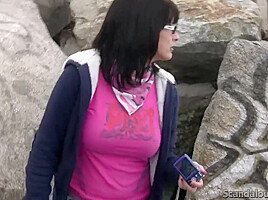 Nerd Brunette Blowjob and cumming beside beach