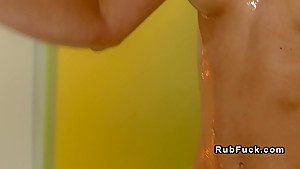 Oiled masseuse tribbing brunette babe