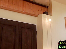 Pegging femdoms drills guy at home in CFNM 3way with dildo