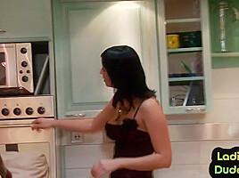 Pegging femdoms drills guy at home in CFNM 3way with dildo
