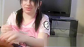 Pigtailed brunette teen 18+ with big boobs Marina gives a great handjob