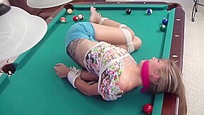 Sasha Fae tied up on pool table