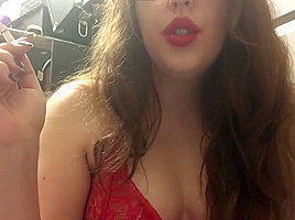 Sexy Pale Brunette teen 18+ Smoking in Red Lace Lingerie and Red Lipstick
