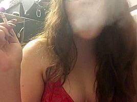 Sexy Pale Brunette teen 18+ Smoking in Red Lace Lingerie and Red Lipstick