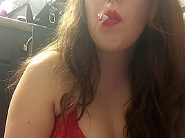 Sexy Pale Brunette teen 18+ Smoking in Red Lace Lingerie and Red Lipstick