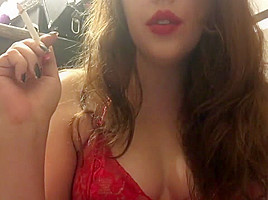 Sexy Pale Brunette teen 18+ Smoking in Red Lace Lingerie and Red Lipstick