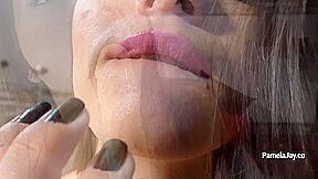 Sexy brunette teen 18+ with amazing huge boobs Pamela Jay masturbates with gold dildo after striptease