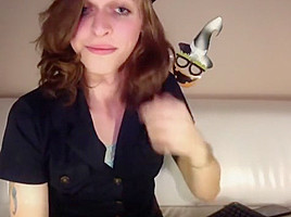 Shemale college girl stroking her huge uncut cock