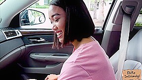 Slender Aria Skye flashes perky small tits for a ride