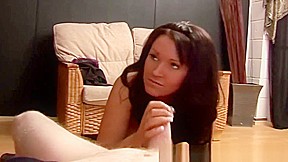 Slut makes him listen to her as she strokes his hard cock