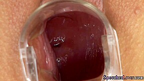 Speculum beauty toying tight pussy before showing insides