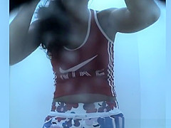 Sporty chick spied in beach cabin changing