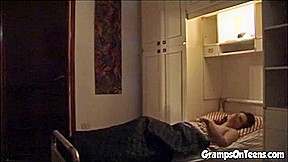 Teen sucks old man cock after he sneaks in