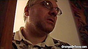 Teen sucks old man cock after he sneaks in