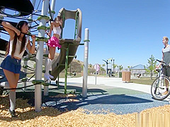 Two Asian teens 18+ at the Playground Ride a Strangers Bicycle and Big Cock