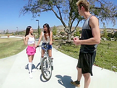 Two Asian teens 18+ at the Playground Ride a Strangers Bicycle and Big Cock