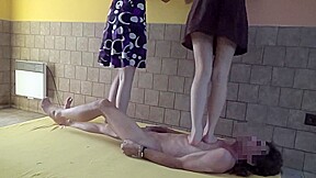 Two Barefoot Mistress Trampling Foot Human Doormat - Two