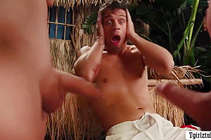 Two Busty Shemale Lets Stranded Guy Fuck Their Ass