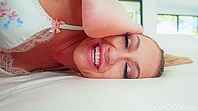 VOGOV Adira Allure spreads long legs in stockings to get orgasm