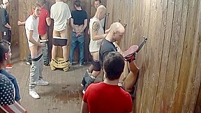 groups of men take turns with a basement full of subs